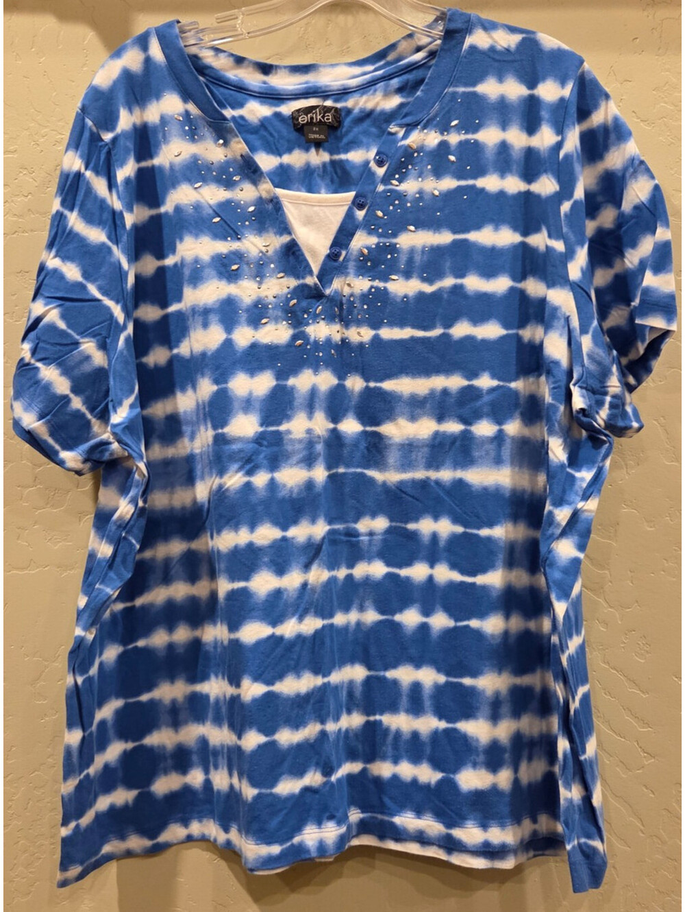 Erika Women's 2X Blue White Tie Dye Embellished Henley Short Sleeve Top Plus